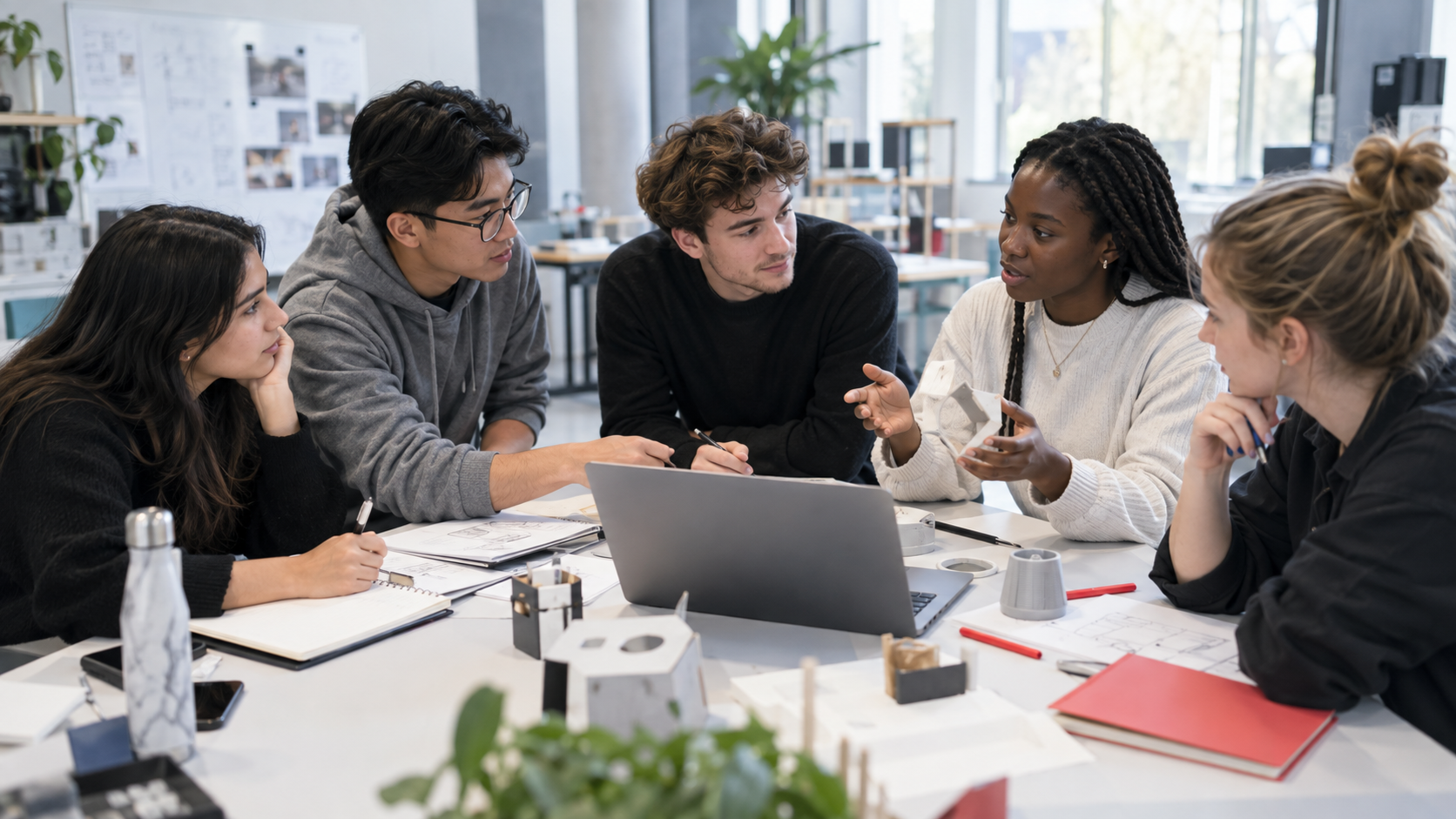 Students discussing a business idea together around a table