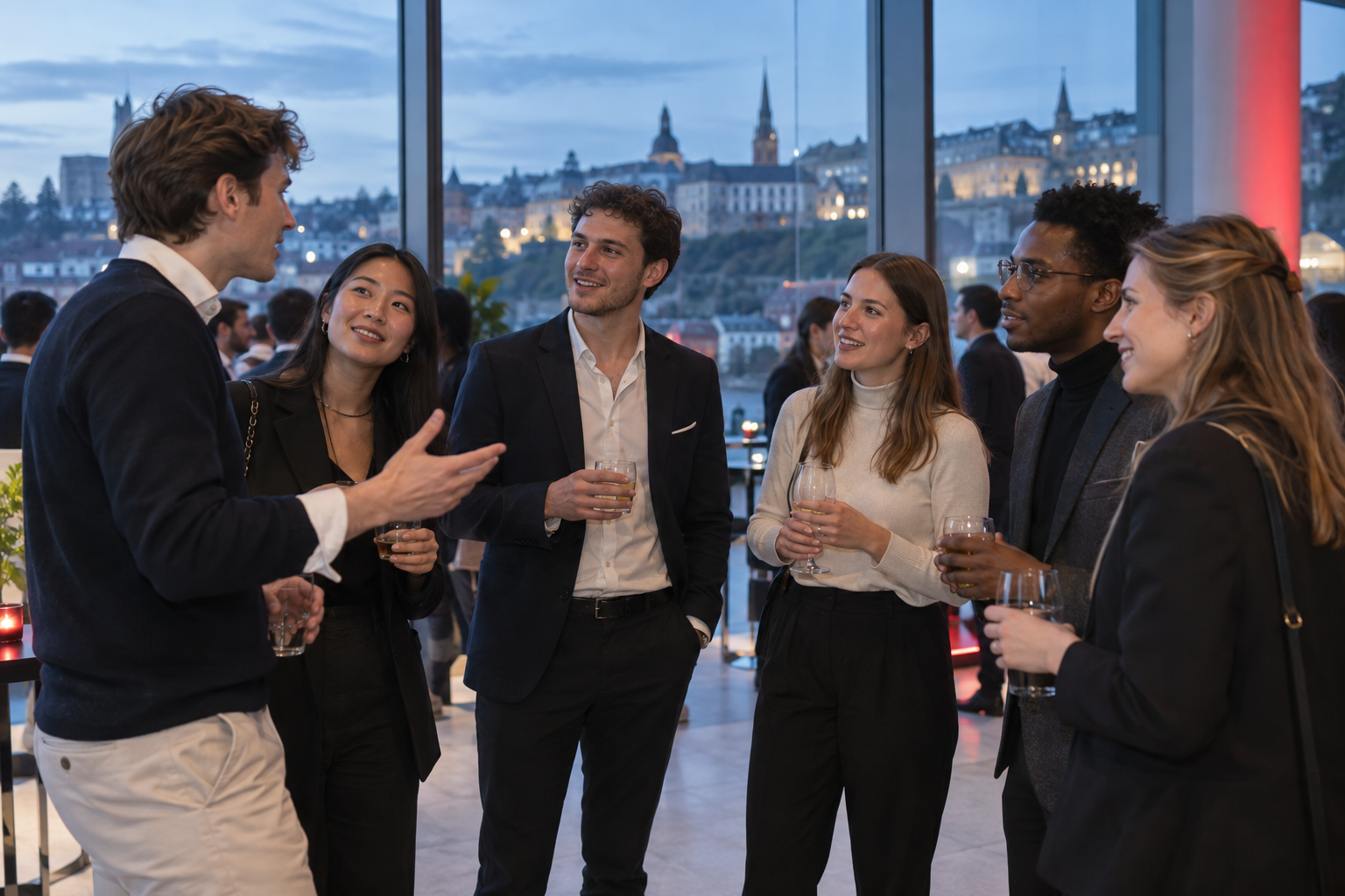 Students and startup founders sharing ideas at a networking event